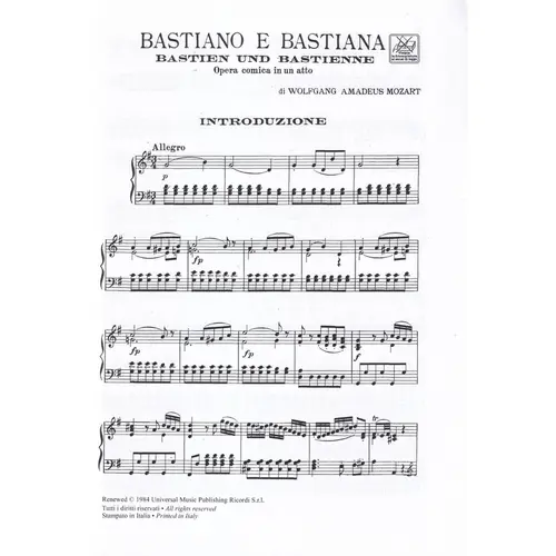 Bastiano E Bastiana - Vocal Score