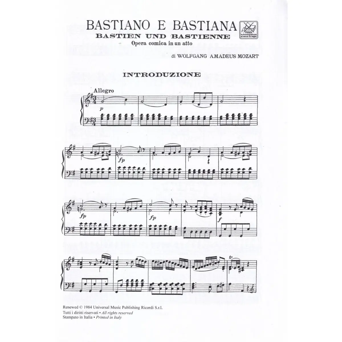 Bastiano E Bastiana - Vocal Score