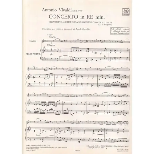 Concerto In Re Minore - Op. Viii - F.I, 28 - Exemplar Antigo