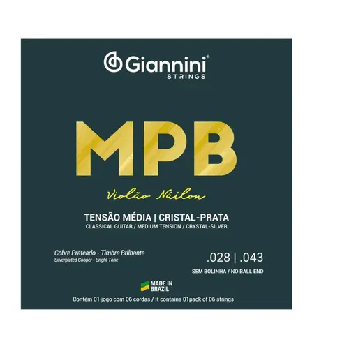 Encordoamento Para Violão nylon Giannini Cristal Prata MPB - Tensão média GENWS