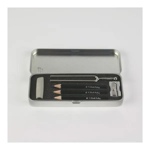 Kit para composição musical ( estojo com 3 lápis, 1 borracha, 1 apontador e 1 diapasão garfo)