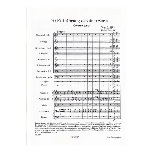 From de abduction from the Seraglio overture to the opera KV 384 - study score