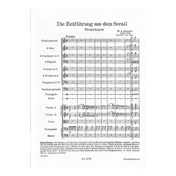 From de abduction from the Seraglio overture to the opera KV 384 - study score