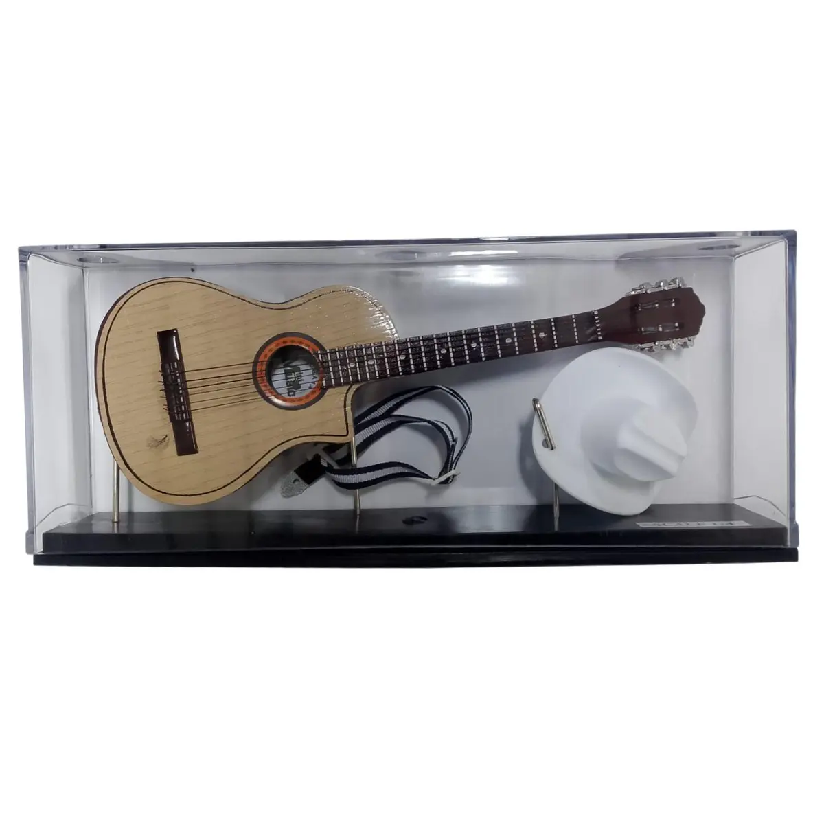 Miniatura Violão flat acústico 25 cm + chapéu em caixa acrílica