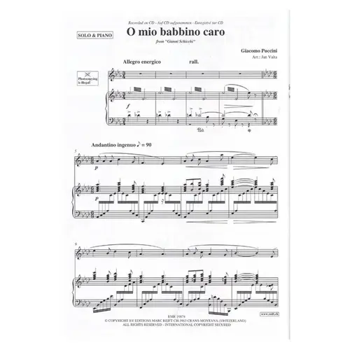 O mio babbino caro from '' Gianni Schicchi " for solo violin - viola - oboe - trumpet e piano