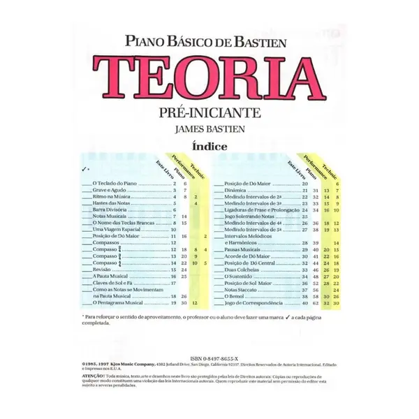 Bastien Piano Básico - Teoria Pre-Iniciante