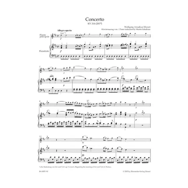 Concerto in D Major for flute and orchestra KV 314 (285 D) - piano reduction Urtext