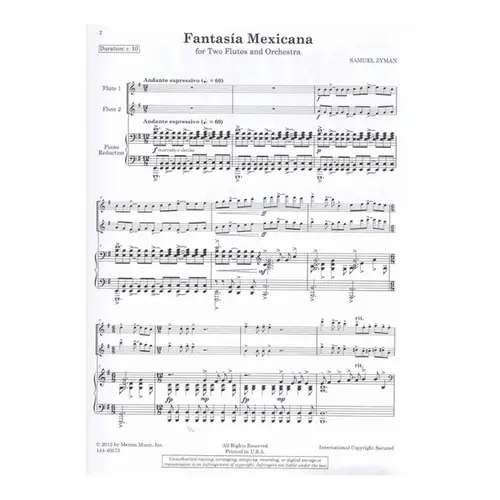 Fantasia Mexicana For Two Flutes And Orchestra (Solo Parts And Piano Reduction)