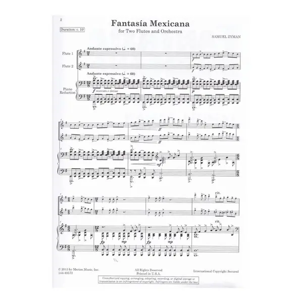 Fantasia Mexicana For Two Flutes And Orchestra (Solo Parts And Piano Reduction)