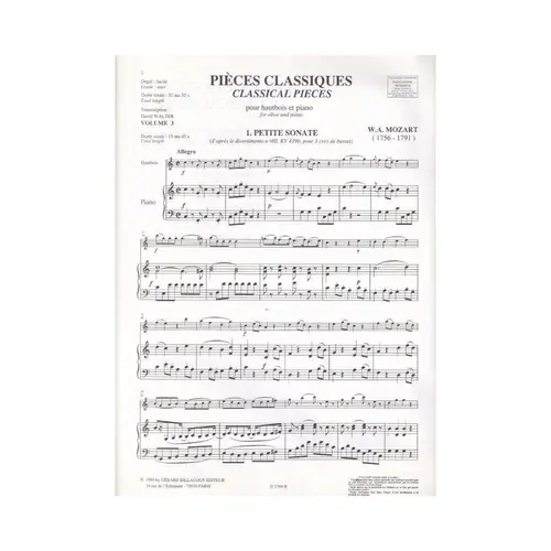 Pieces Classiques 3 Por Hautbois Et Piano