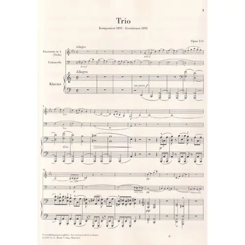 Trio For Piano, Clarinet (Or Viola) And Violoncello In A Minor Op.114 - Urtext
