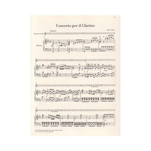 Trumpet Concerto In Eb Major Hob.Viie:1 - Piano Reduction - Urtext