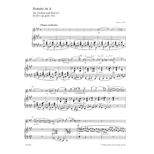 Sonata In A Major For Violin And Piano Op.Post.162 -D 574