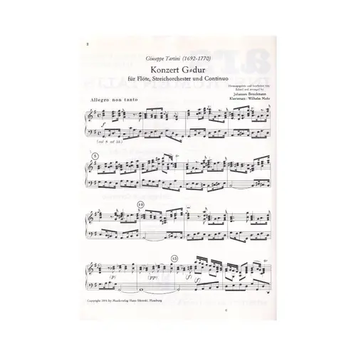 Concerto A 5 G Dur  N.1 Fur Flote, Streicher Und Basso Cont. - Ars.19