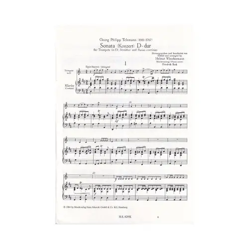 Sonata In D For Trumpet, Strings And Continuo - Piano Score