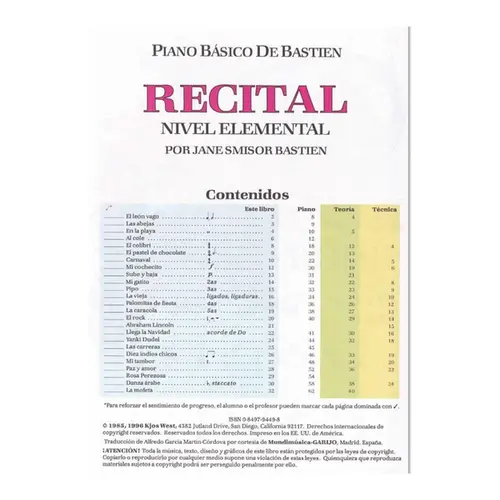 Bastien Piano Basico - Recital - Nivel Elementar