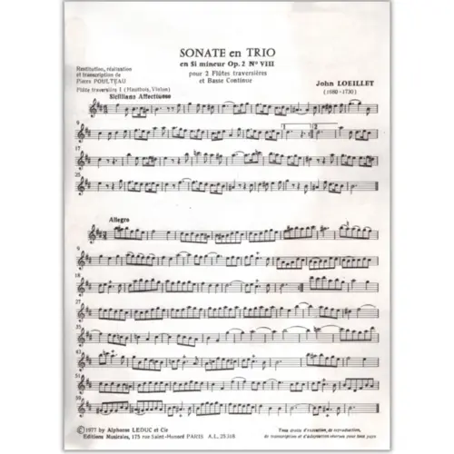 Sonate En Trio En Si Mineur - Op.2 N.8 Pour Deux Flutes Traversieres Et Basse Continue