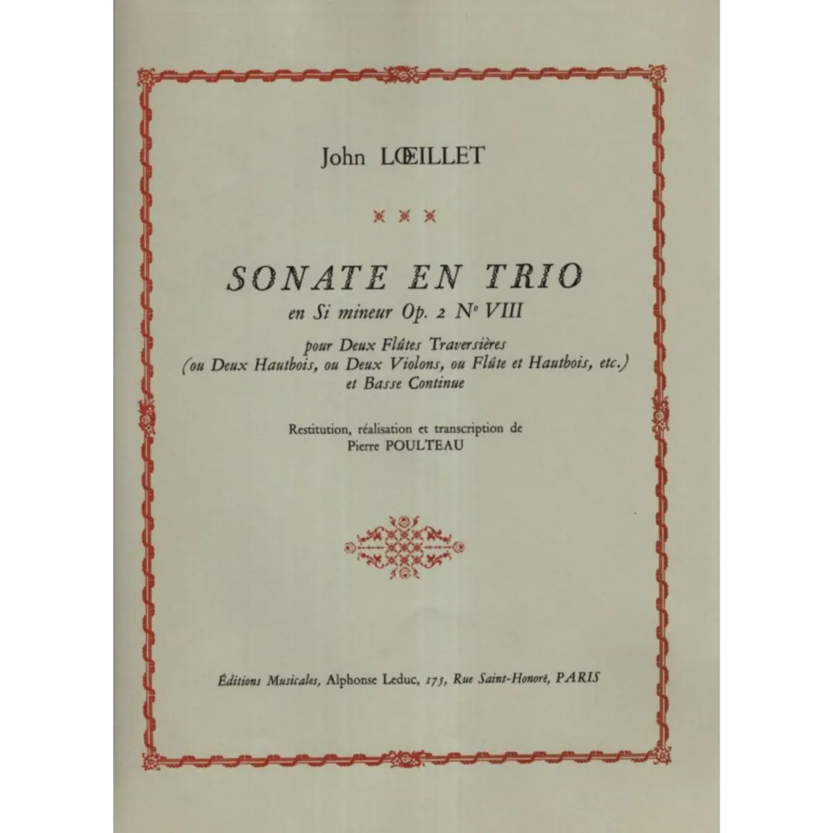 Sonate En Trio En Si Mineur - Op.2 N.8 Pour Deux Flutes Traversieres Et Basse Continue