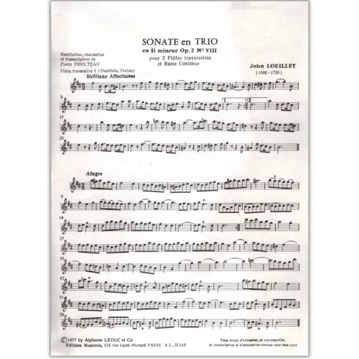 Sonate En Trio En Si Mineur - Op.2 N.8 Pour Deux Flutes Traversieres Et Basse Continue