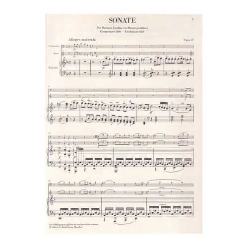 Sonate Fur Klavier Und Horn  Oder Violoncello F Dur - Op.17 - Urtext