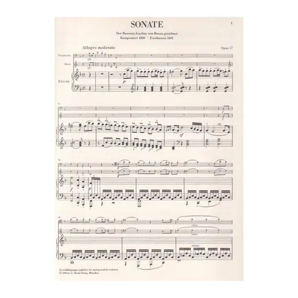Sonate Fur Klavier Und Horn  Oder Violoncello F Dur - Op.17 - Urtext