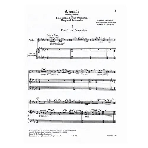 Serenade for solo violin, string orchestra, Harp and percussion - Violin and piano