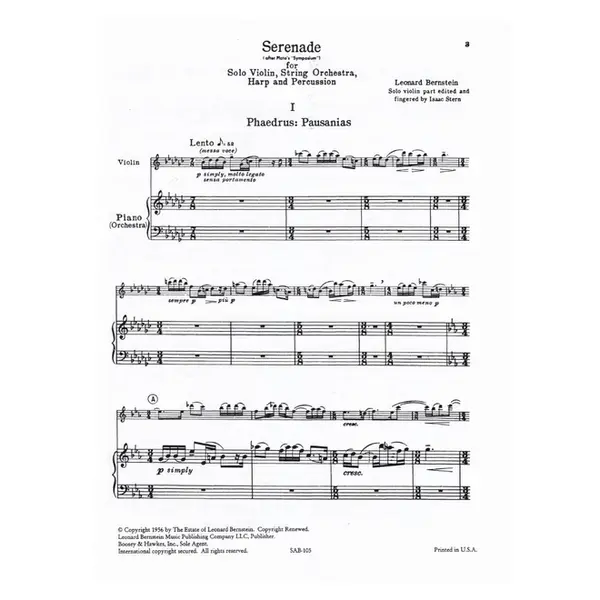 Serenade for solo violin, string orchestra, Harp and percussion - Violin and piano
