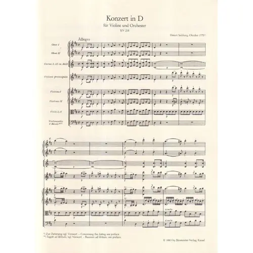Concerto in D major for violin and orchestra N.4 -  KV 218 - study score