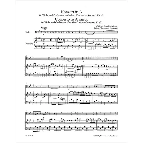 Concerto in A major for viola and orchestra after the clarinet concerto K 622