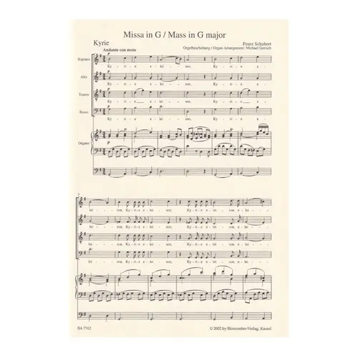 Mass in G major arranged for soloists, choir and organ D167 - score