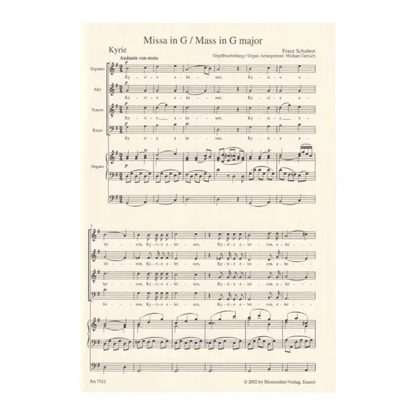 Mass in G major arranged for soloists, choir and organ D167 - score