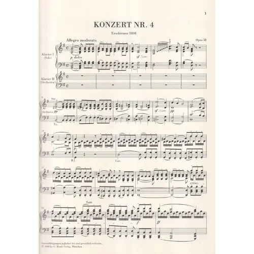 Piano Concerto N.4 In G Minor Op.58 - Piano Reduction -  Urtext