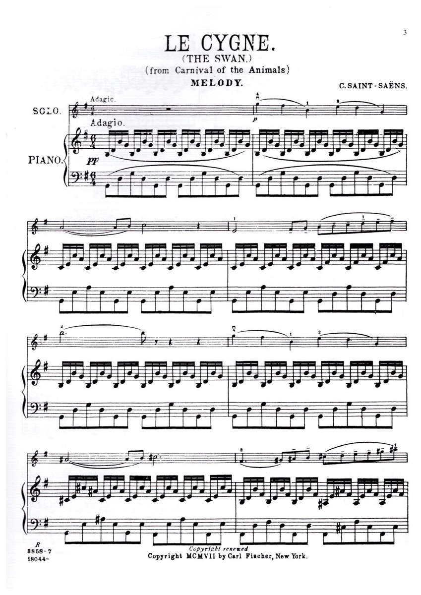 Saint-Saens Camille O Cisne do Carnaval dos Animais Para Violoncelo e  Piano. da International