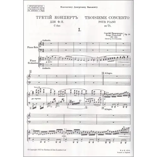 Piano Concerto N.3 Opus 26 - reduction for 2 pianos by the composer