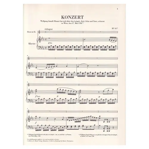 Hornkonzert N.2 Es Dur - Kv 417 - Urtext
