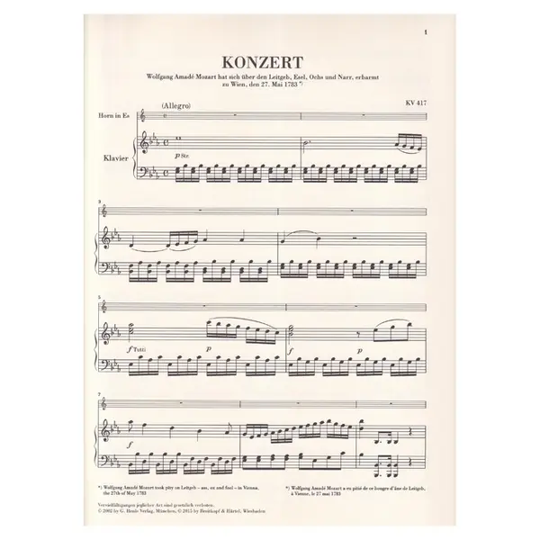 Hornkonzert N.2 Es Dur - Kv 417 - Urtext