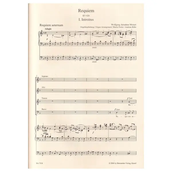 Requiem - Kv 626 - Arranged For Soloists, Choir And Organ - Score