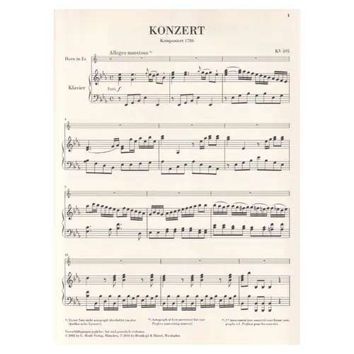 Hornkonzert N.4 Es Dur - Kv 495 - Urtext