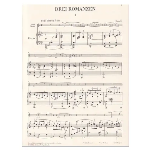 Three Romances Op.94 For Oboe And Piano (Version For Violin)