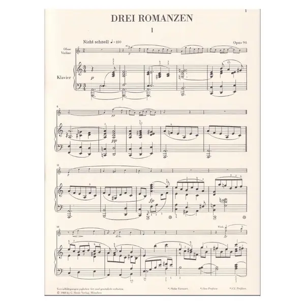Three Romances Op.94 For Oboe And Piano (Version For Violin)