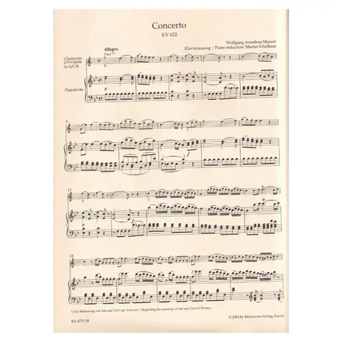 Clarinet Concerto For Bb-Flat Clarinet And Piano KV 622 - piano reduction