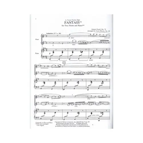 Fantasy For 2 Flutes And Piano - Op.79  Ed 3780