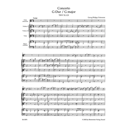 Concerto for Viola, Strings and Basso continuo in G major TWV 51:G9