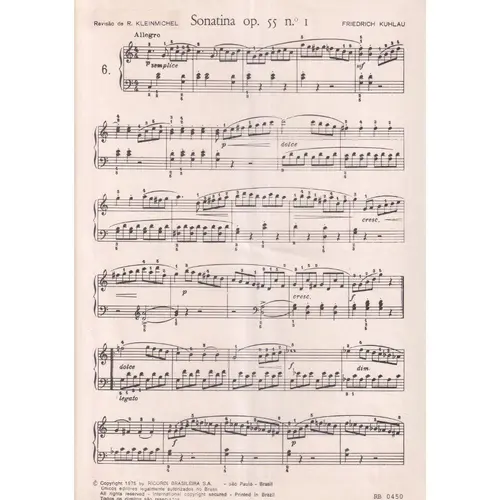Sonatina Op.55 N.1 (Kleinmichel)  - Exemplar Antigo